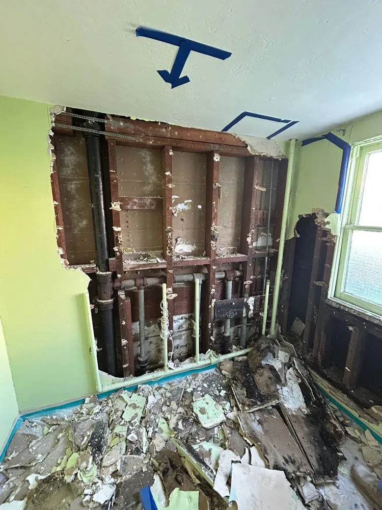 Wall opened to studs with affected material removed